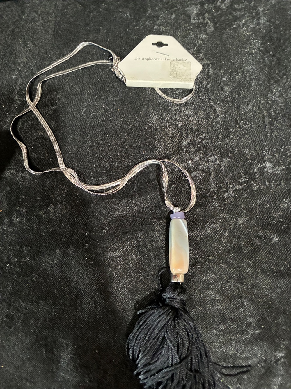 Christopher & Banks Agate Stone Black Tassel Long Strand Necklace Silvertone NWT